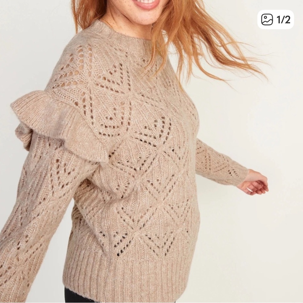 Old Navy Cream/Oatmeal Speckled Flutter Sleeve Knit Sweater Size Large